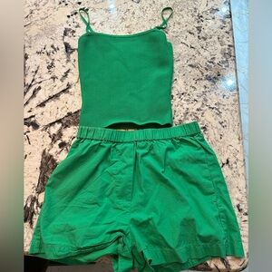 Aritzia Babaton Green Top and matching Wilfred Shorts